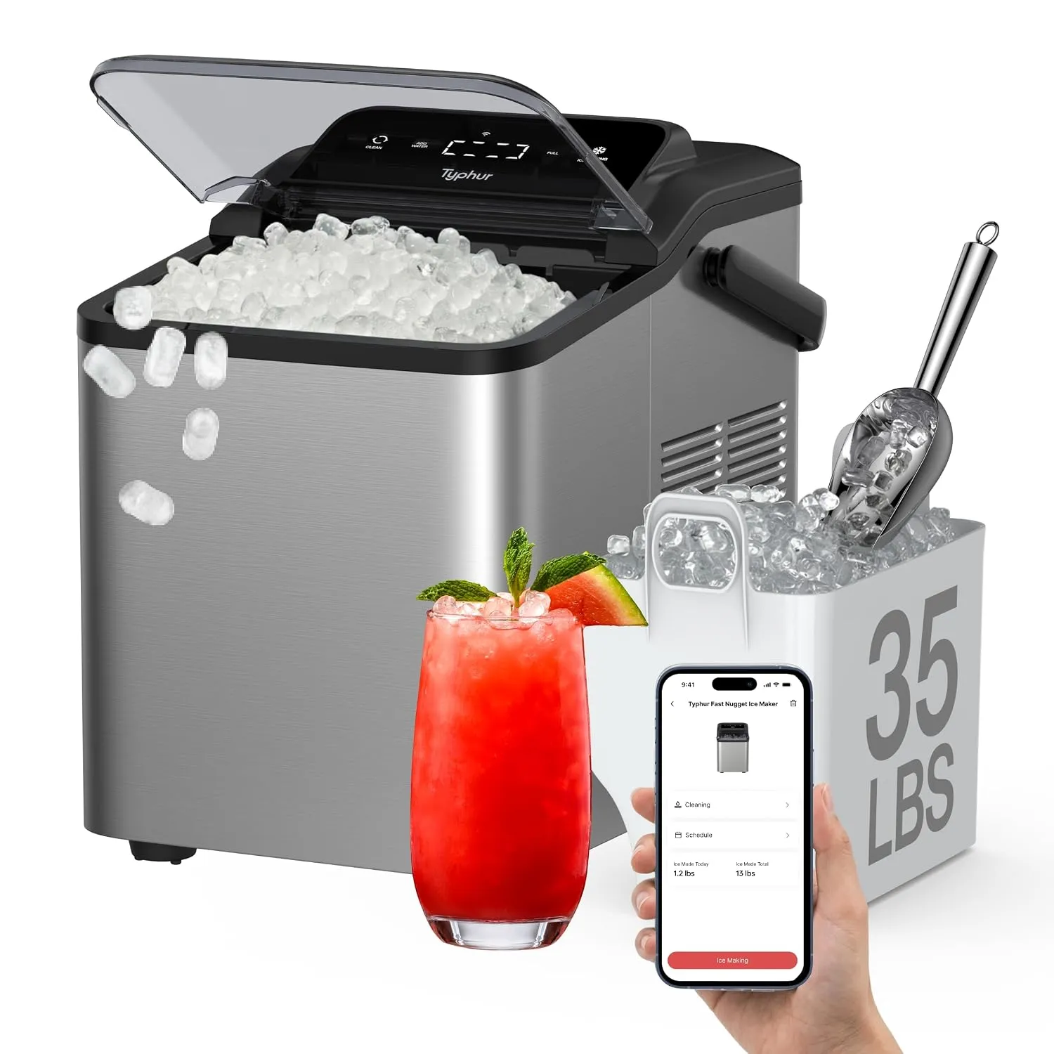 Typhur Smart Nugget Ice Maker Countertop with App Control, Pebble Ice Machine, Portable Pellet Ice Maker with Handle, Self-Cleaning Pump, 8 Cleaners,...